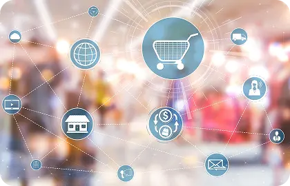 Icons representing digital retail education and communication technology