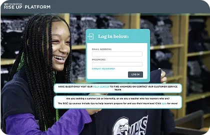 Educator logging into the Rise Up platform to manage learning content