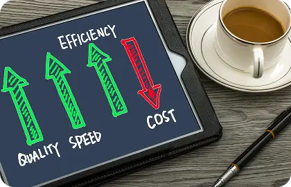 Notebook showing arrows for quality, speed, and cost, representing operational efficiency and savings